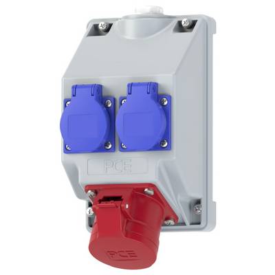 'PCE' industrial power outlet panel with two blue sockets and one red socket for electrical connections.