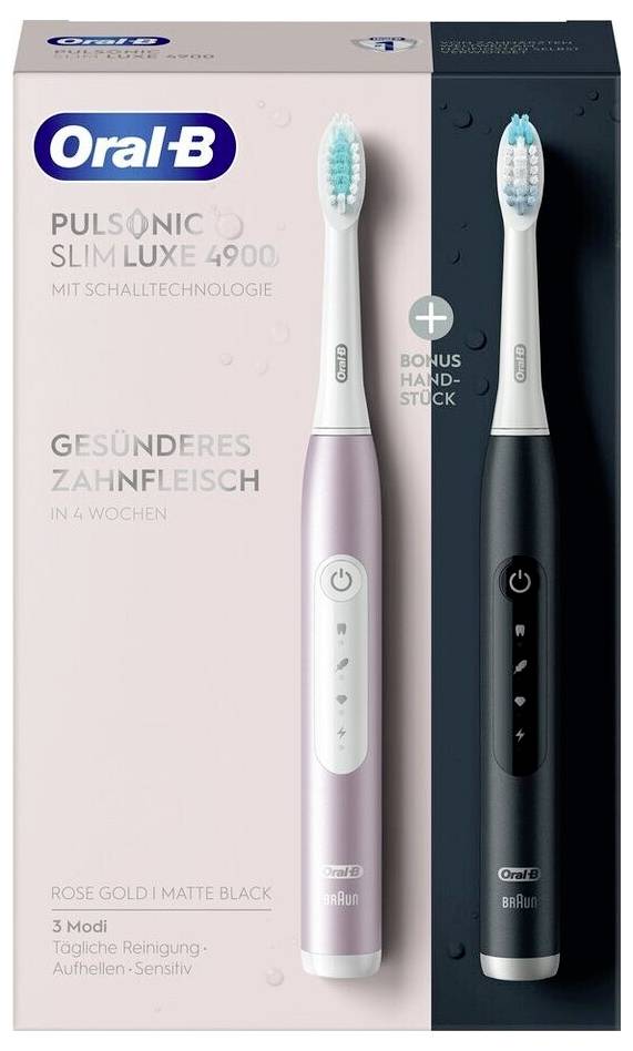 Oral-B Pulsonic Slim Luxe 4900 electric toothbrushes in rose gold and matte black, with text highlighting gum health improvement in 4 weeks.