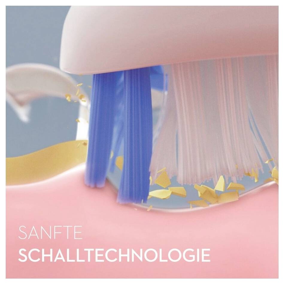 'A toothbrush with blue and white bristles gently brushing teeth, accompanied by text: Sanfte Schalltechnologie.'