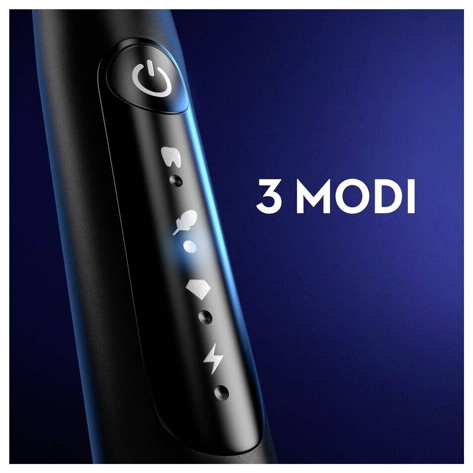 Electric toothbrush with three modes indicated on handle; '3 Modi' text next to it, on a blue background.