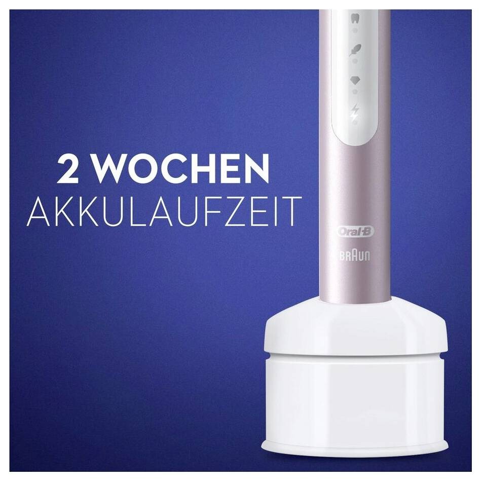 'Two weeks battery life' displayed next to an electric toothbrush on a charging stand with a dark blue background.