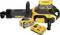 'DeWalt power tools: cordless blower with attached battery, extra battery, and charger. Tools are black and yellow.'