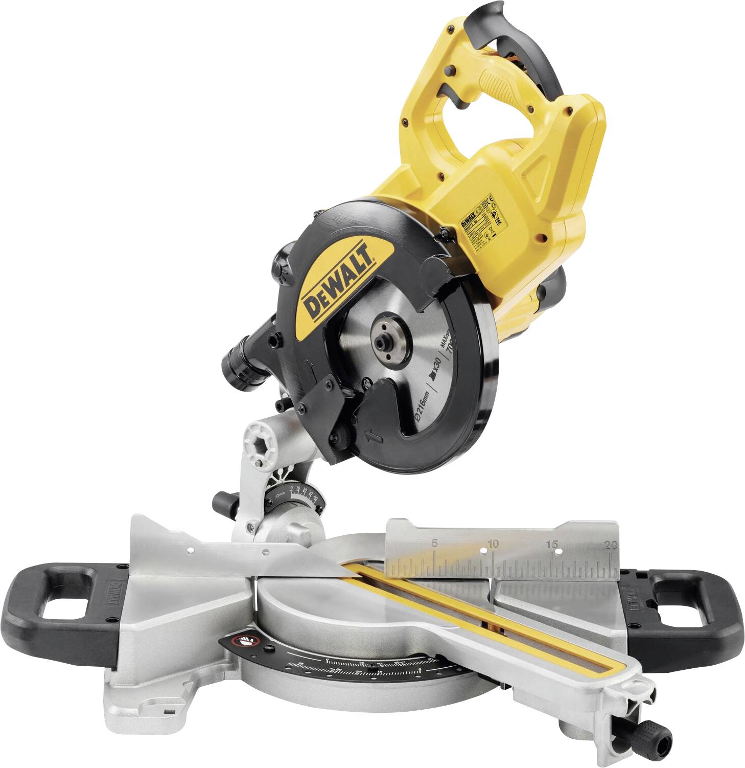 A yellow and black compound miter saw with a sliding blade, stationed on a metallic base, used for precision woodcutting.