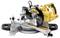A yellow and black power miter saw with 'DeWalt' branding, featuring a circular blade, adjustable base, and ergonomic handle.