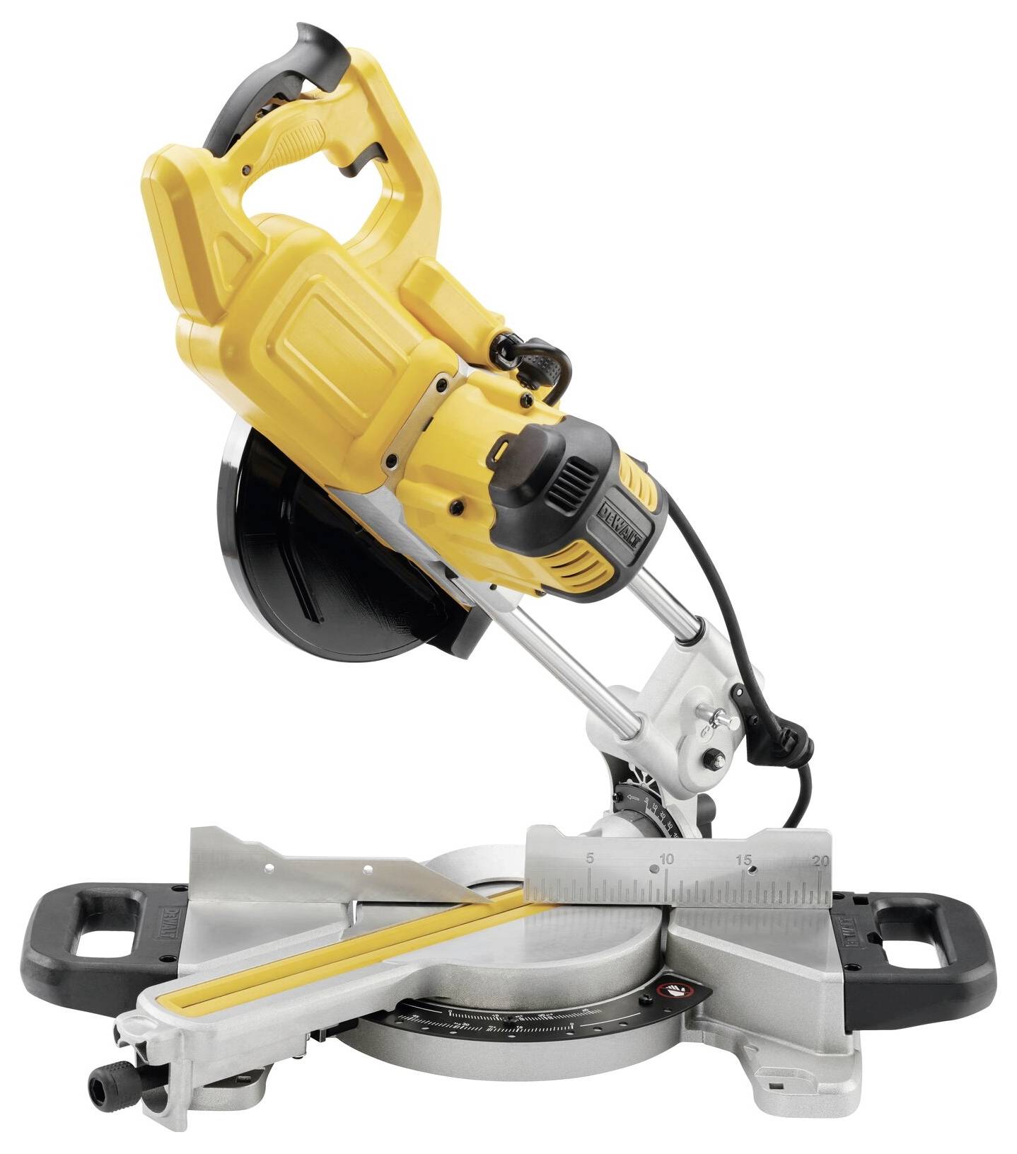 A yellow and black miter saw with an angled blade and measurement guide, used for precise angled cuts in woodworking.