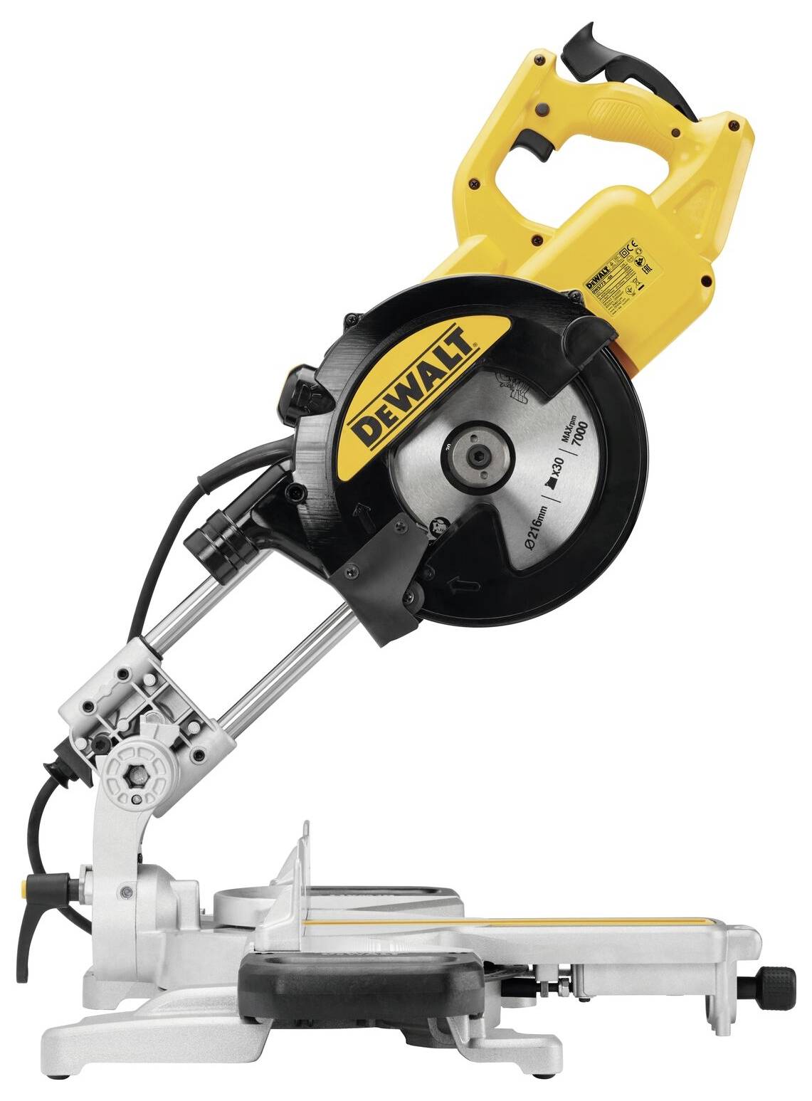 A yellow and black chop saw, branded with 'DeWalt', is positioned upright on a white background, showcasing its design and cutting mechanism.