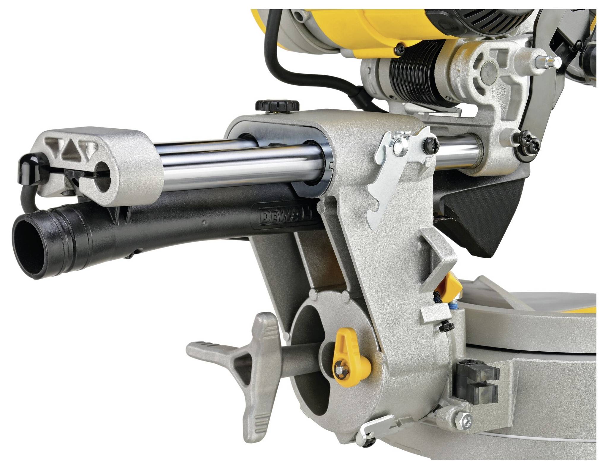 Close-up of a miter saw's adjustable angle mechanism and dust collection port, highlighting its metal levers and precision settings.