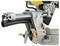 Close-up of a miter saw's adjustable angle mechanism and dust collection port, highlighting its metal levers and precision settings.