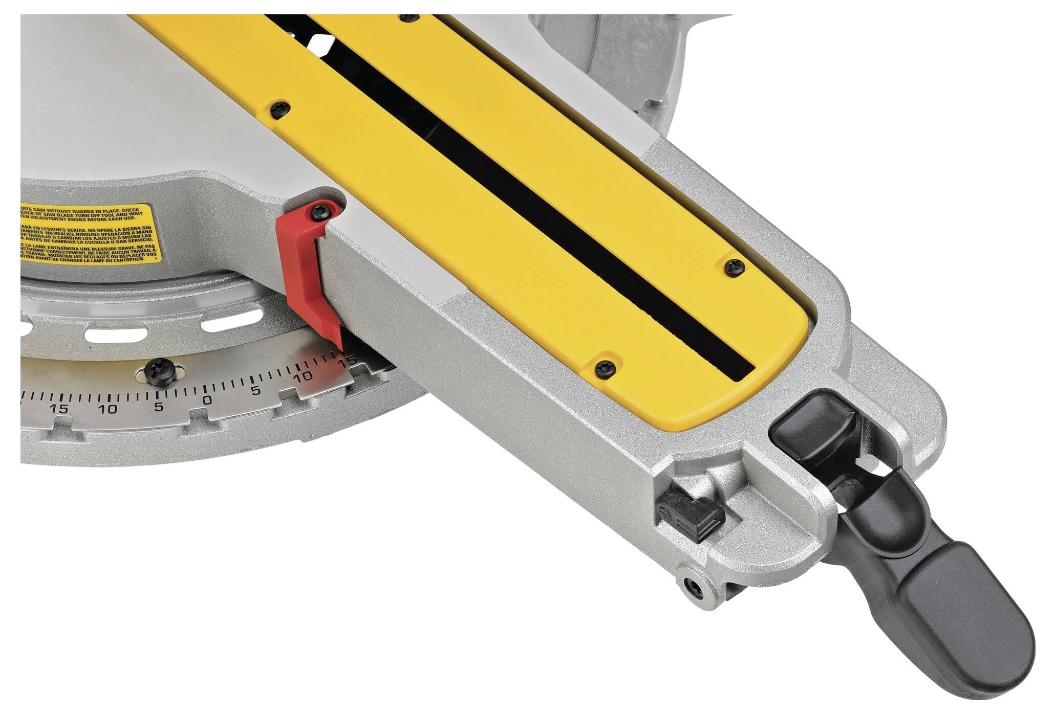 Close-up of a miter saw angle adjustment mechanism highlighted in yellow with a red lever, showing detailed measurement markings.