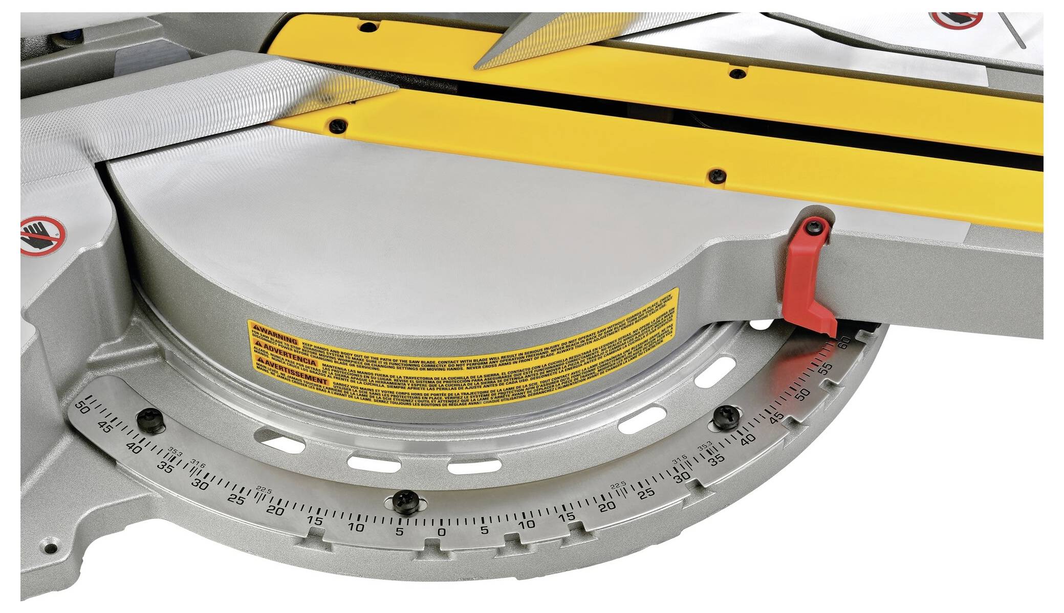 A circular saw base with an angle indicator and safety warning label, featuring a yellow and silver design with a red latch.