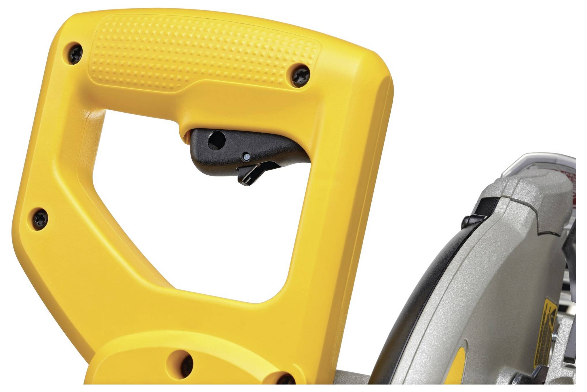 Yellow handle of a power tool, featuring a grip and trigger, attached to a partially visible circular saw. Essential for operating the tool.