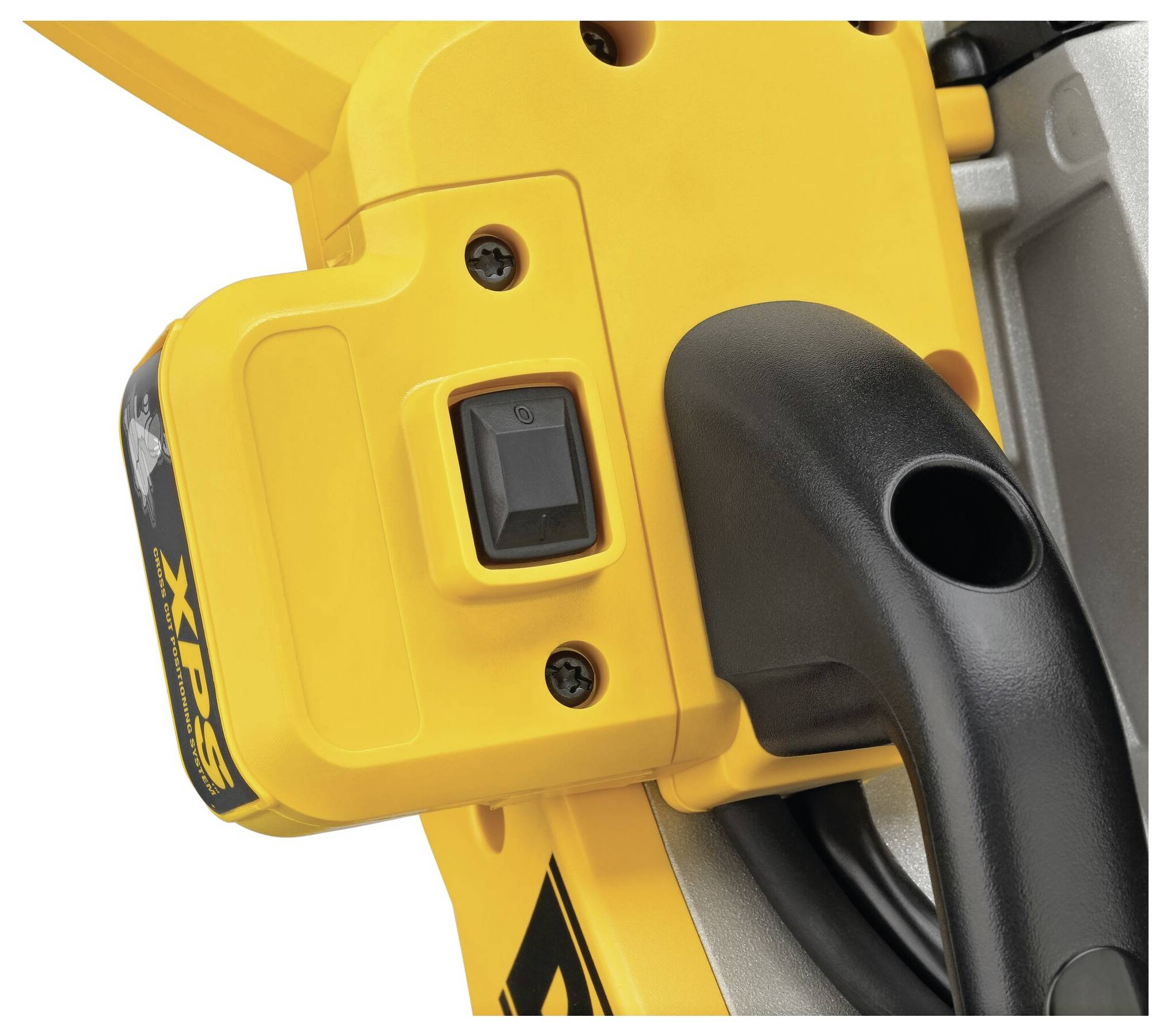 'A yellow power tool switch with a black handle, showcasing a close-up of the on/off button for operational control.'