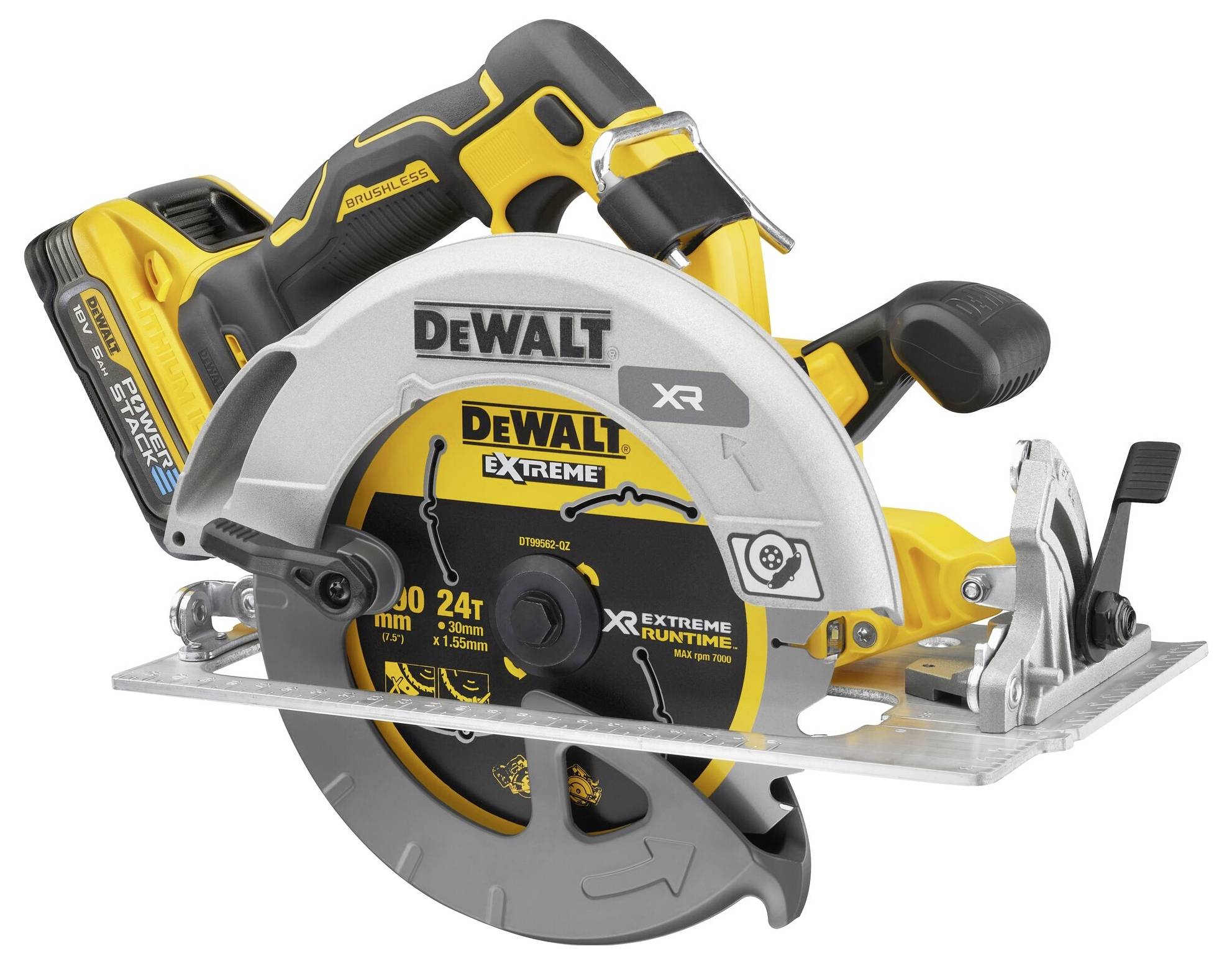 A yellow and black cordless circular saw, branded 'DeWALT XR,' with a 165mm blade, designed for cutting wood and construction materials.