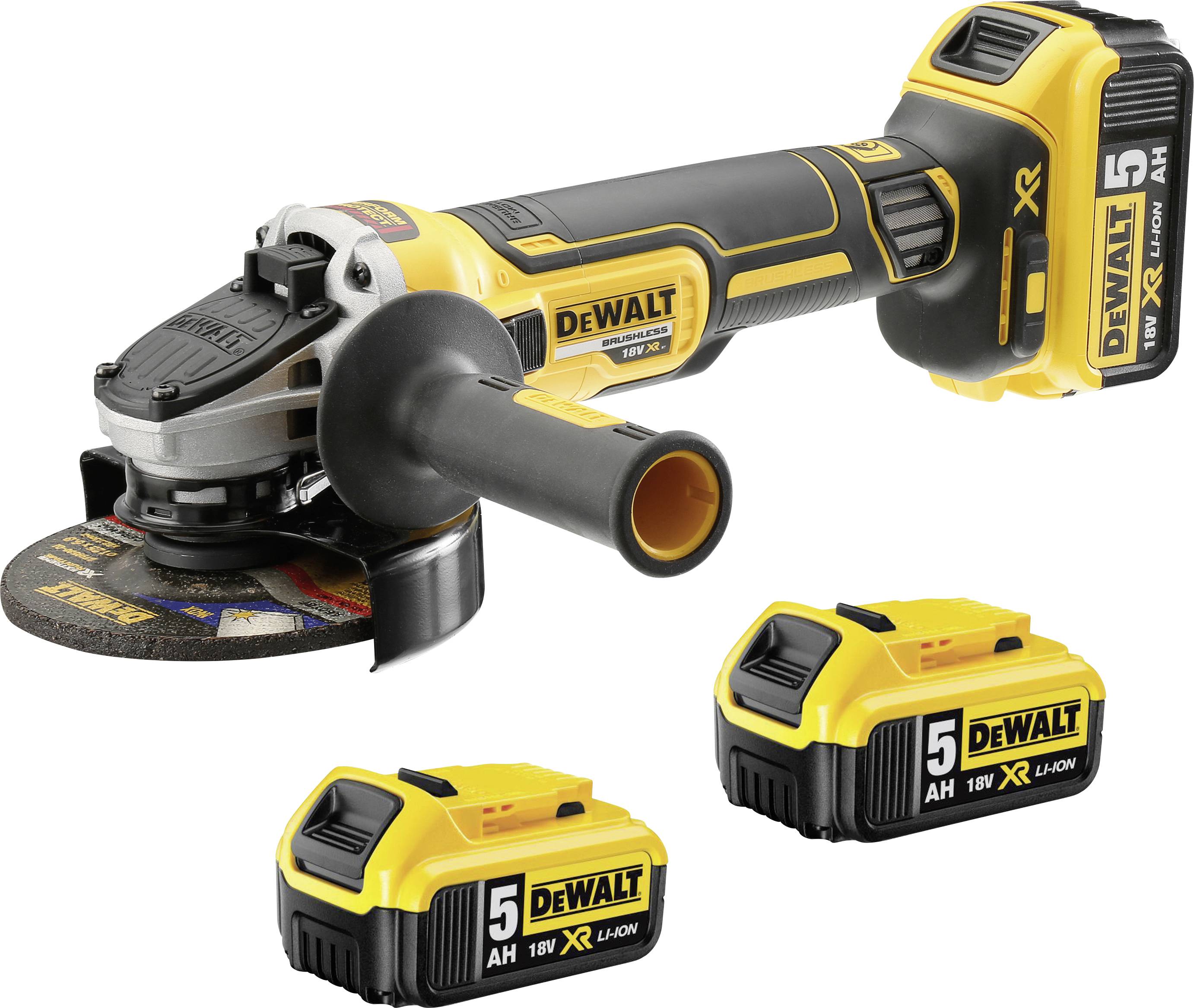 A cordless DeWalt angle grinder is shown with two 18V XR Li-Ion 5.0Ah batteries. The tool has a yellow and black design.