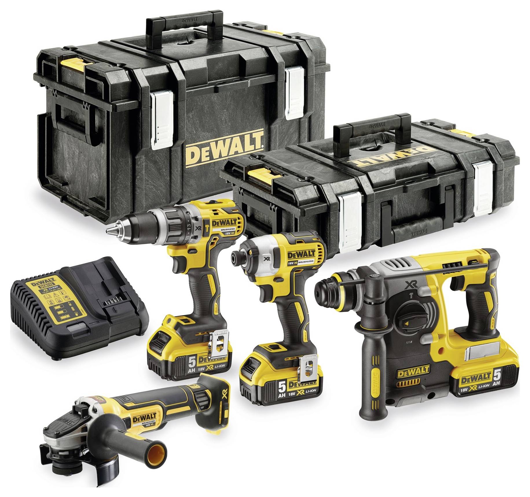 Cordless tool set includes a drill, impact driver, grinder, and rotary hammer in yellow and black, with two cases and a charger.