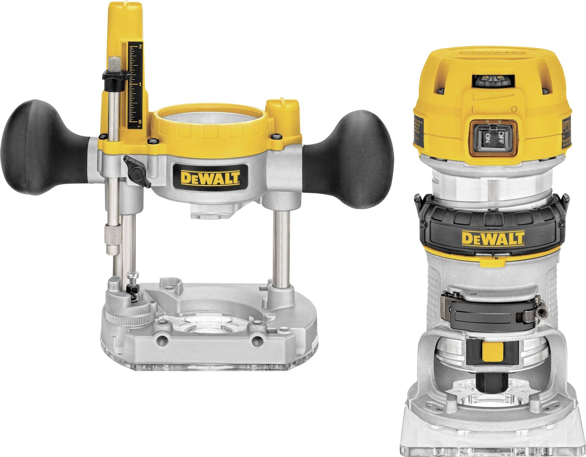 Two DeWalt router tools, one with a plunge base and the other with a fixed base, both in yellow and silver, showcasing versatility.