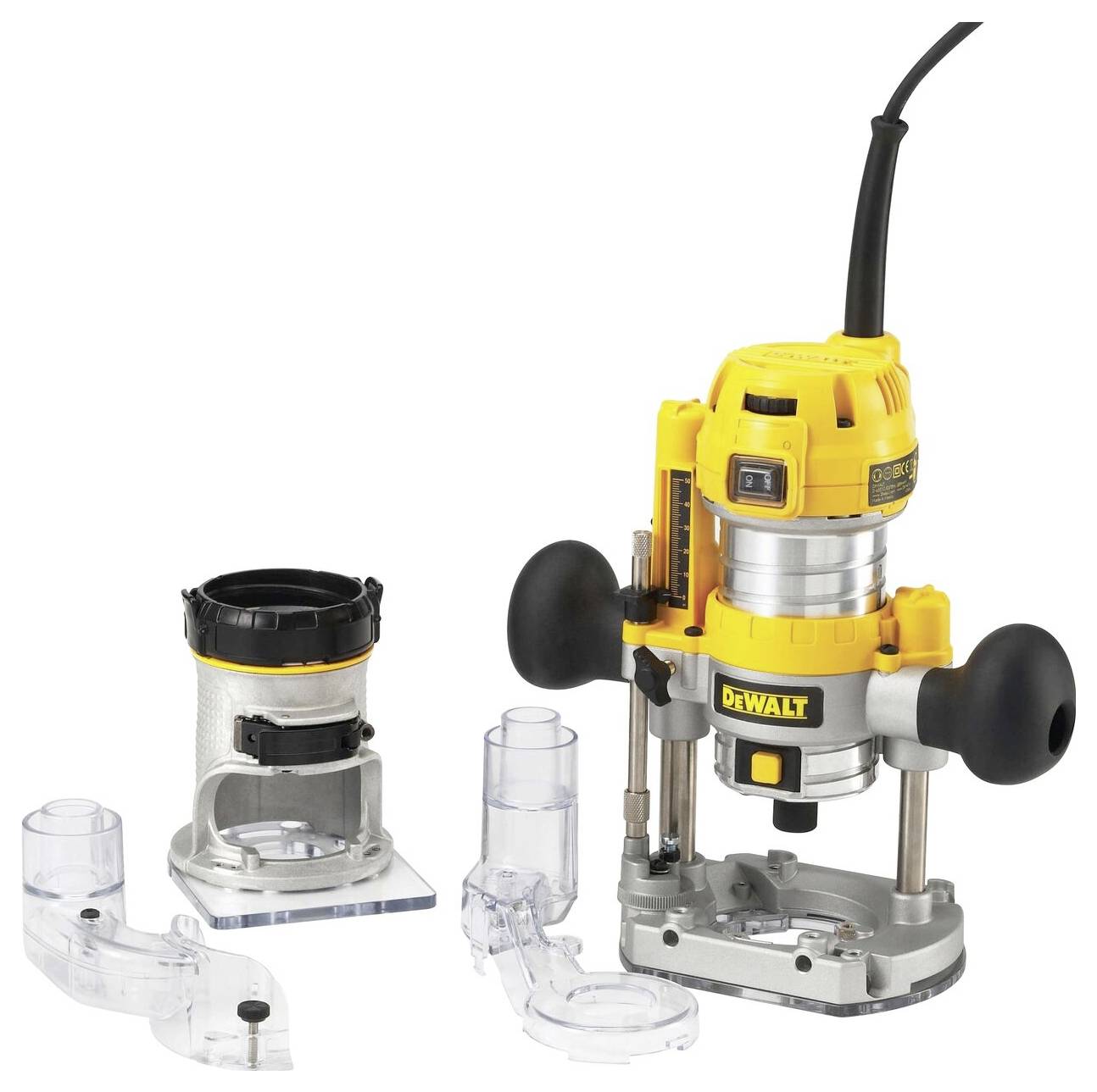 A yellow and black woodworking router with various attachments, including bases and guides, designed for precise cutting and shaping tasks.