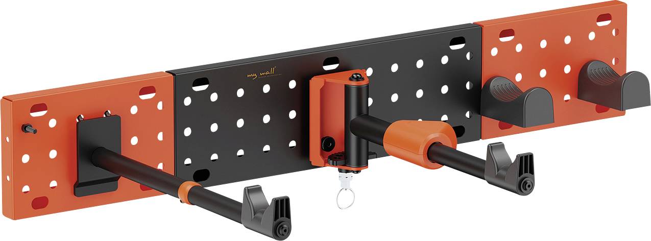A wall-mounted tool holder with ratchet handles, hooks, and adjustable clamp, designed for organizing and securely storing tools.