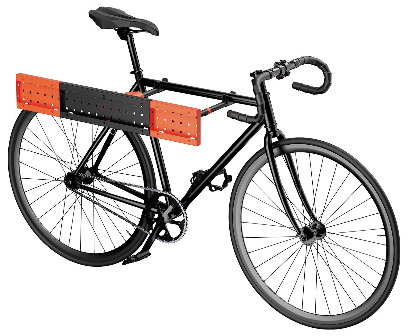 A black bicycle with a bright orange and black perforated panel mounted horizontally on its frame, resembling a rectangular shield.