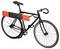 A black bicycle with a bright orange and black perforated panel mounted horizontally on its frame, resembling a rectangular shield.