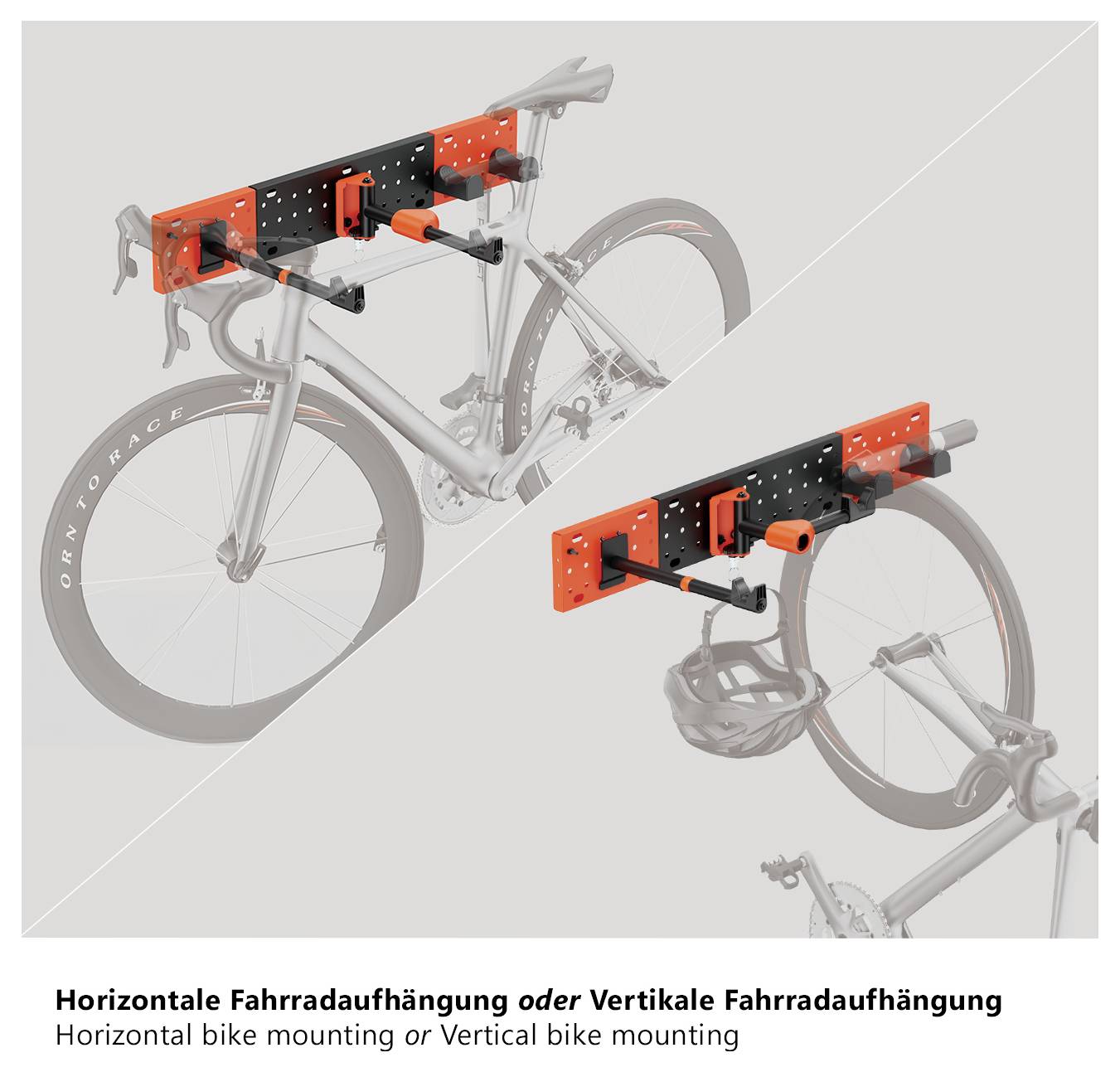 'Diagram showing horizontal and vertical bike mounting options using a wall bracket system. Contains mounting holes and adjustable arms.'