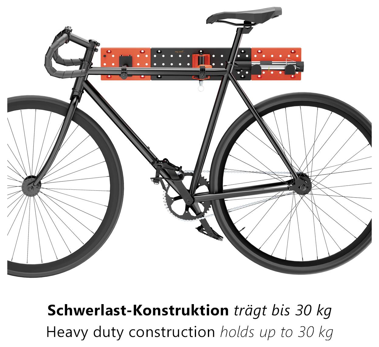A bicycle with a mounted red and black rack on its frame, designed for heavy-duty use, capable of holding up to 30 kg.