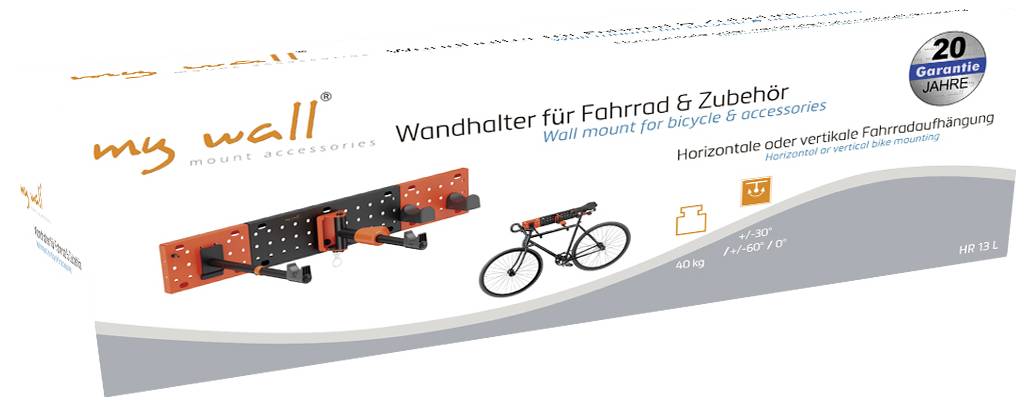 'My Wall' bicycle and accessory wall mount packaging, showing an orange and black horizontal mount holding a bicycle. Text reads '20 Jahre Garantie'.