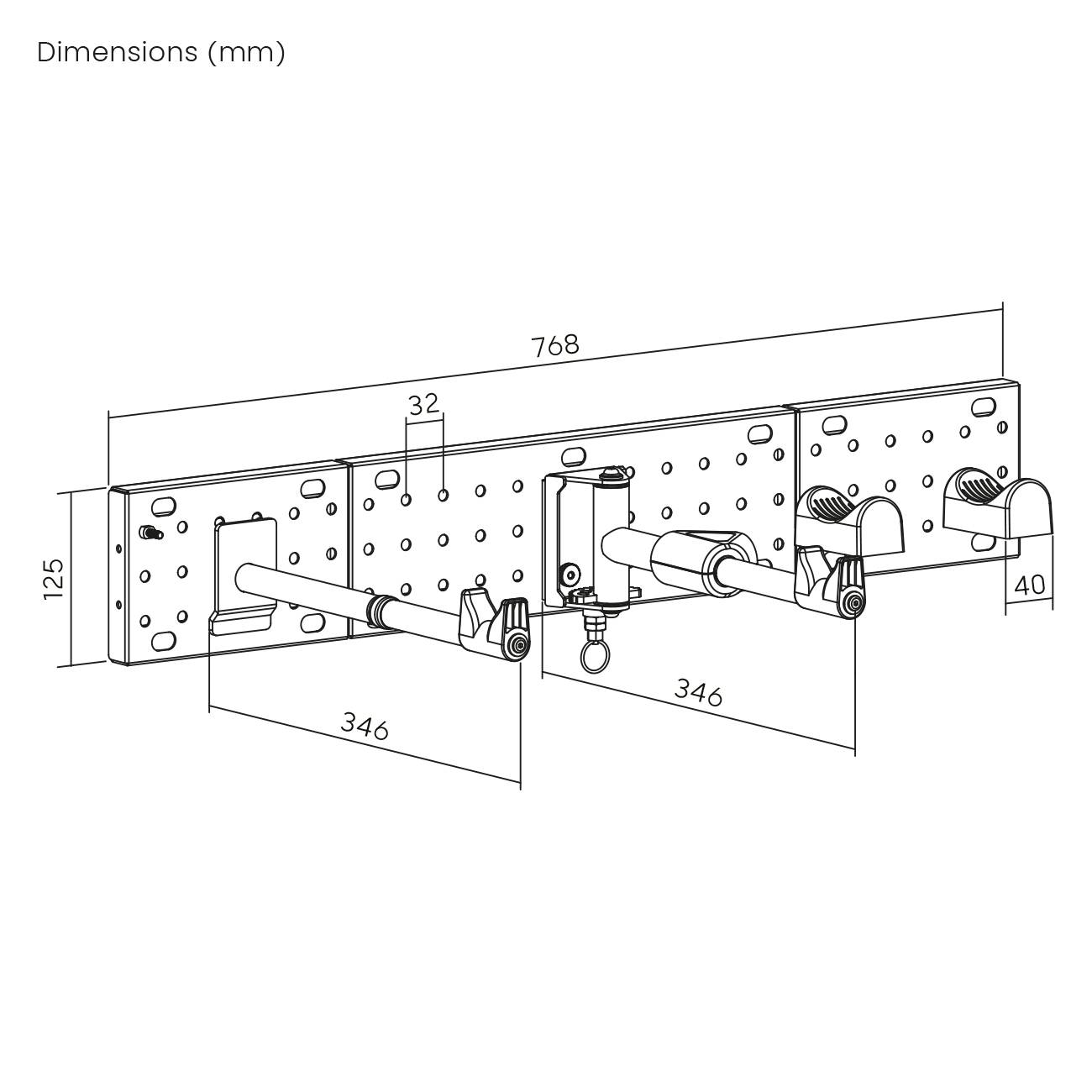 'Illustration of a mounting bracket with holes and adjustable arms, labeled with dimensions: 346mm depth, 768mm width, 125mm height.'