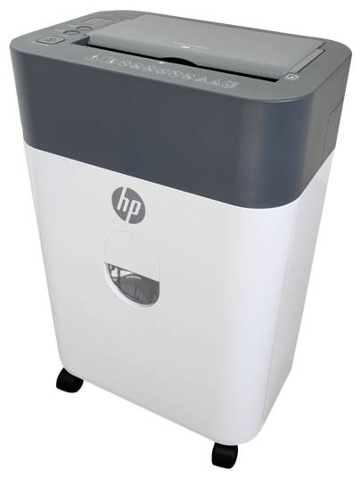The image shows a white and gray paper shredder with wheels, featuring a transparent window to view shredded contents, and the HP logo.