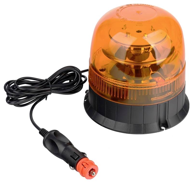 An orange magnetic warning beacon light with a coiled power cord and a cigarette lighter adapter, used for vehicle signaling.