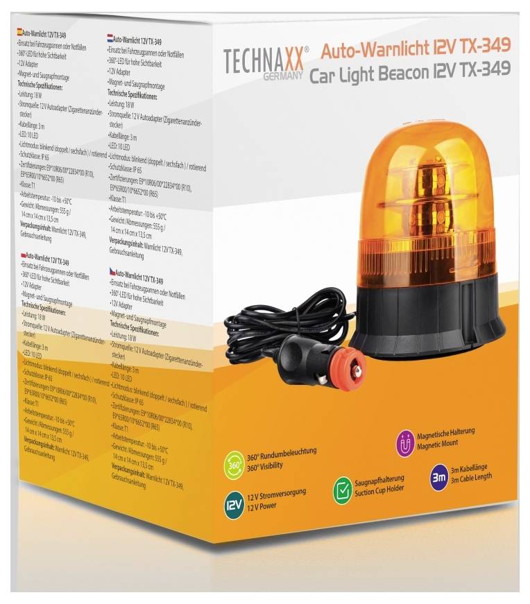 'TECHNAXX Auto-Warnlicht 12V TX-349 Car Light Beacon' packaging showing product image and features like 360° illumination and magnetic base.