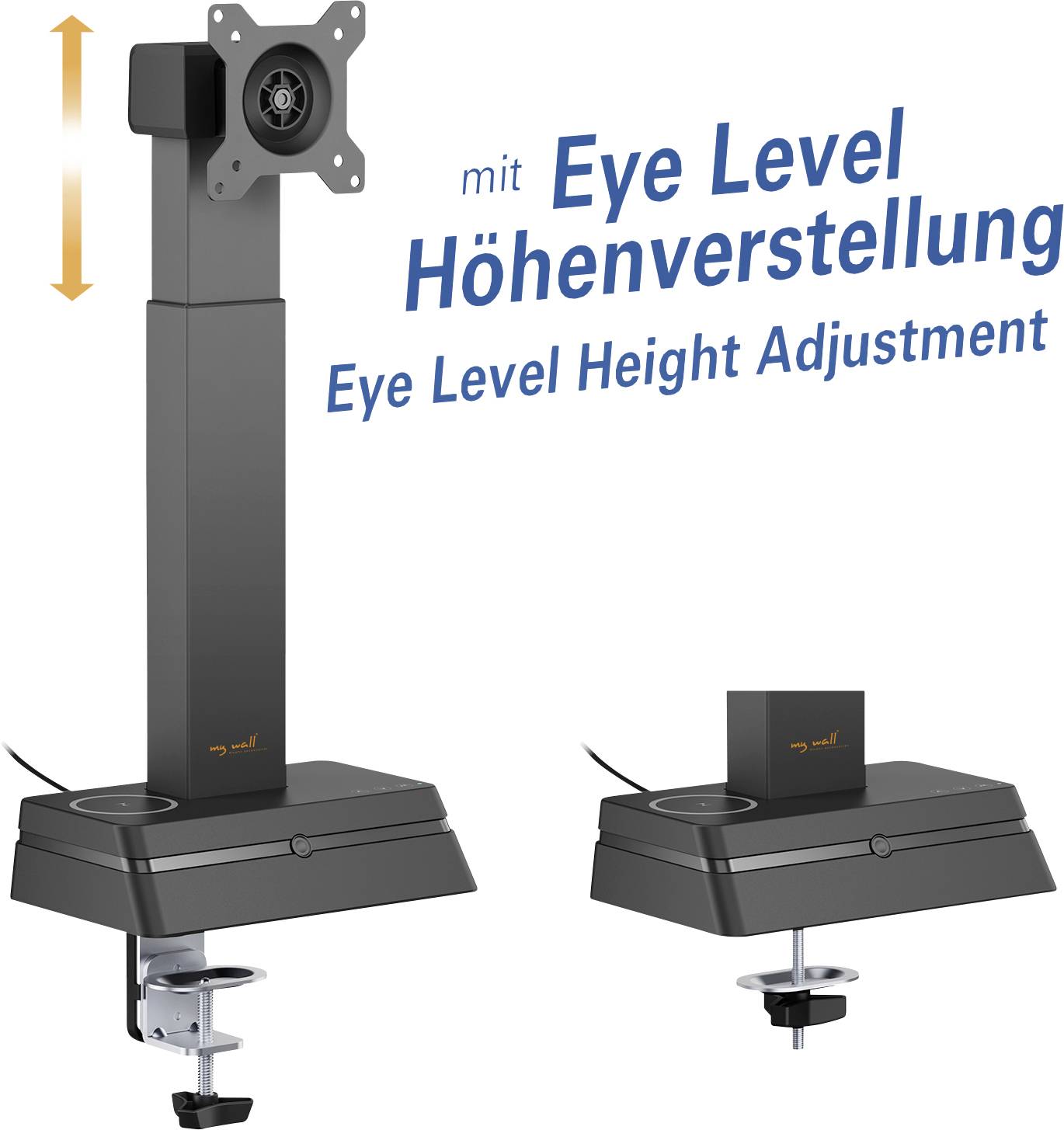 'Monitor mount with eye level height adjustment feature. Image shows adjustable arm with vertical range indicator and desk clamp.'