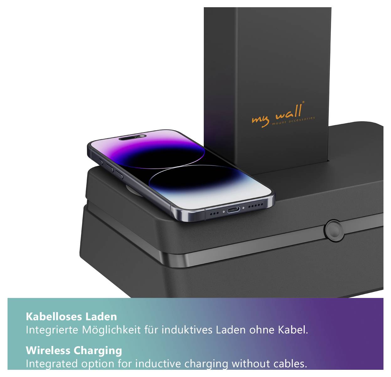 'Wireless Charging' feature shown with a smartphone placed on a charging pad, illustrating inductive charging without cables.