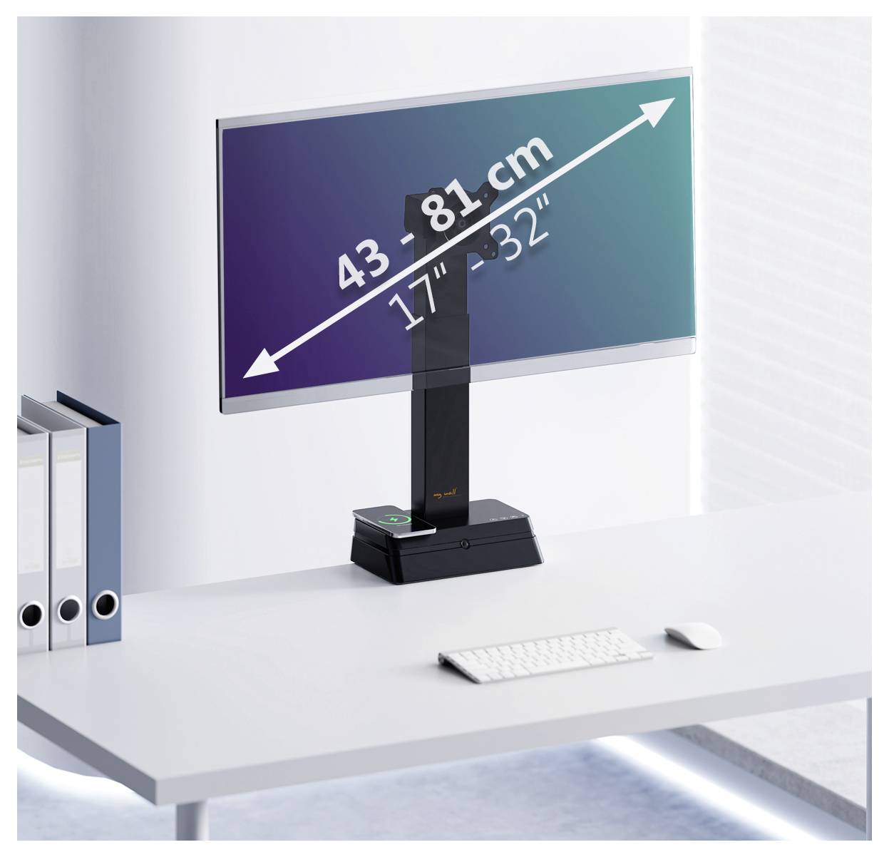 A desk setup with a monitor showing adjustable dimensions from 43 to 81 cm (17 to 32 inches) diagonally, next to a keyboard and mouse.