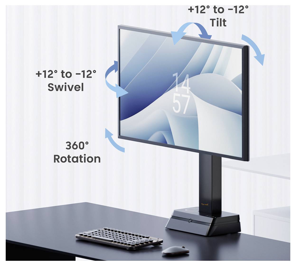 A computer monitor on a desk demonstrates its adjustable features: 360° rotation, +12° to -12° tilt and swivel, depicting flexibility.