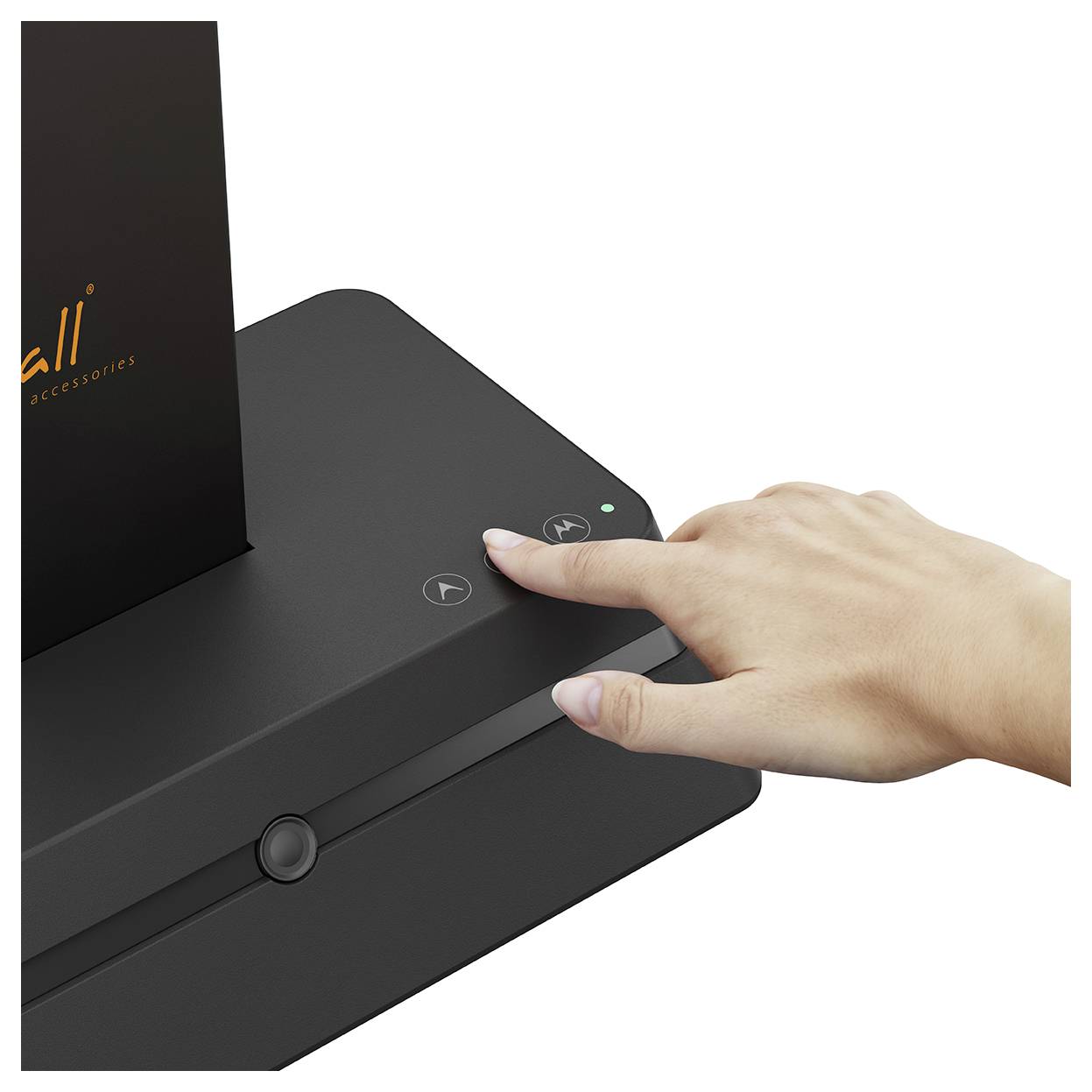 A hand is adjusting the volume on a sleek black electronic device with touch controls, featuring a minimalist design.