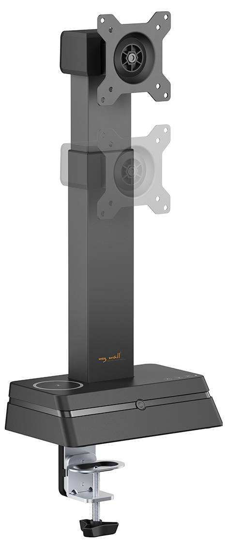 Two adjustable monitor arms with VESA mount, displayed vertically. The design allows for flexible screen positioning and desk clamping.