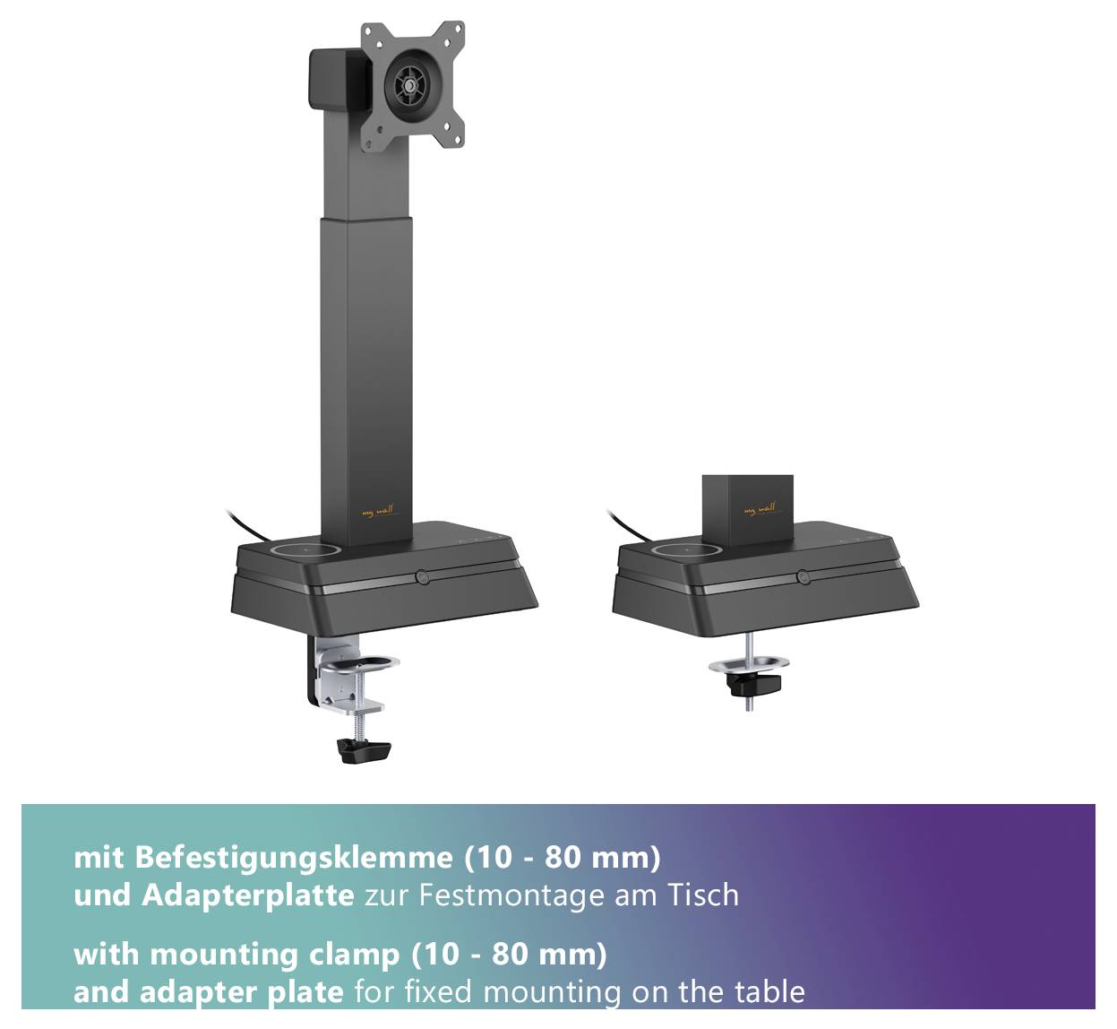 'Monitor mounting stand with adapter plate and clamp for desk installation (10 - 80 mm).'