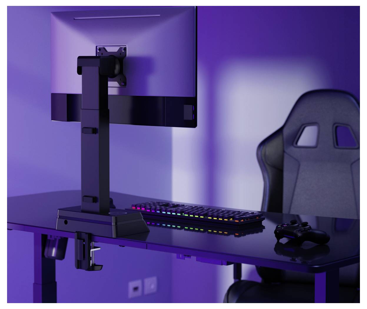 A modern desk setup with a mounted monitor, RGB keyboard, gaming chair, and controller, all lit in purple ambient lighting.