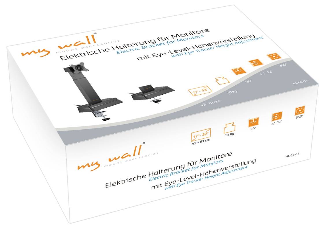 'My Wall' monitor bracket packaging with 'Electric Bracket for Monitors with Eye Tracker Height Adjustment.'