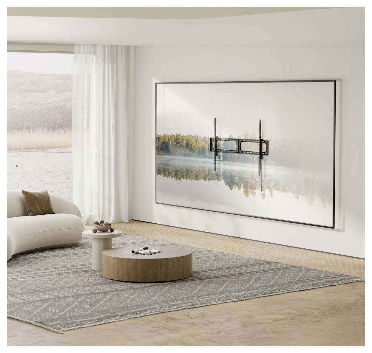 Modern living room with floor-to-ceiling window, white sofa, round wooden coffee table, and large landscape painting on the wall.