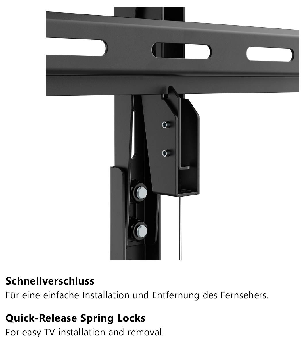 'Quick-Release Spring Locks' allow for easy TV installation and removal.