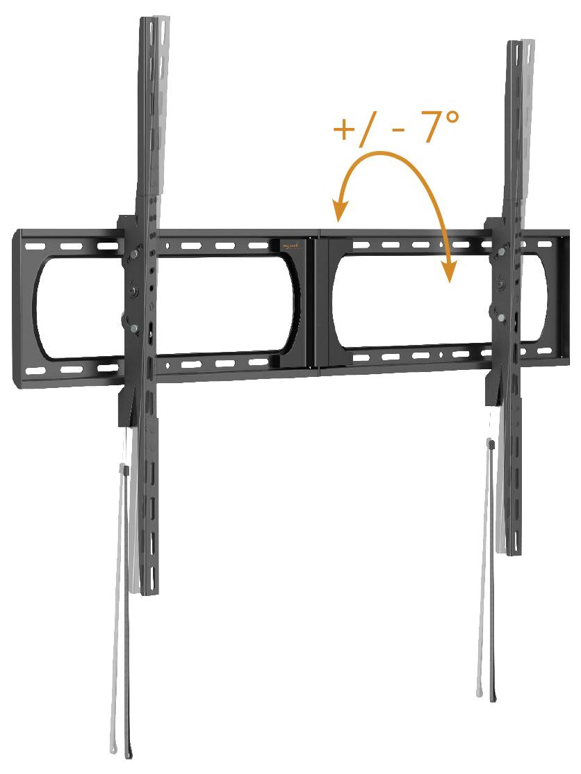 A black adjustable TV wall mount with tilting feature indicated by '+/- 7°' orange arrow on top.