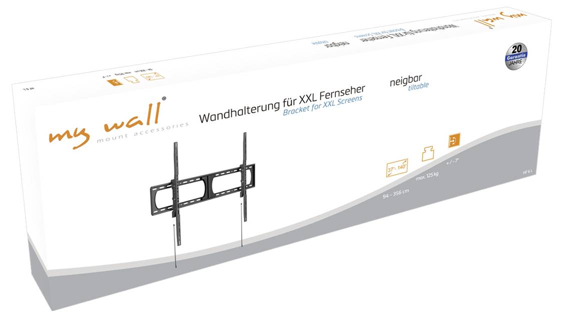 'My Wall' mount bracket for XXL TV screens packaging, displaying the bracket image, brand name, and product features. Suitable for 70-100" screens.