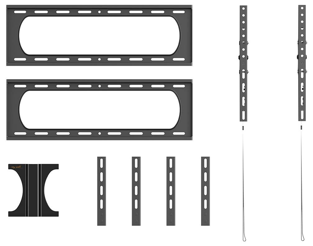 'TV wall mount kit' showing bracket plates, arms, and cables, illustrating components needed for installation.