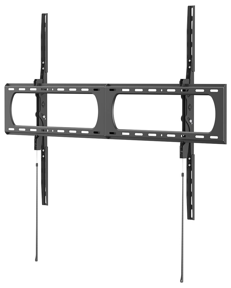 A black, adjustable wall mount bracket for flat-screen TVs, featuring vertical and horizontal support bars, with pull cords at the bottom.