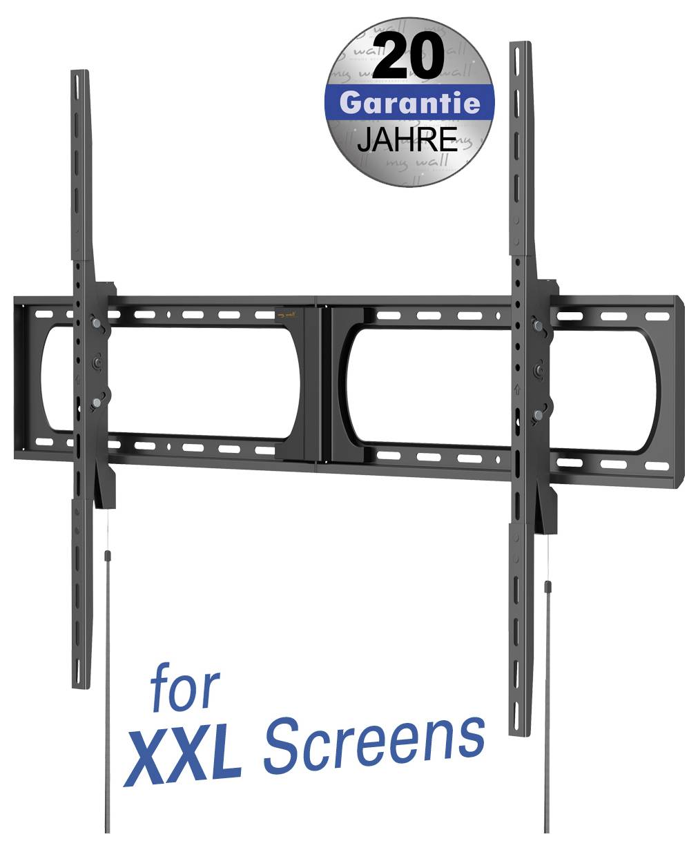 Wall mount for XXL screens, featuring a '20 Jahre Garantie' badge, indicating a 20-year warranty. Black, adjustable brackets shown.