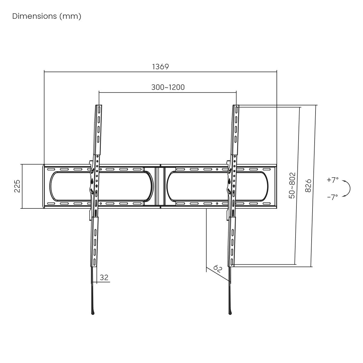'Wall mount dimensions: width 1369mm, adjustable length 300-1200mm, height 826mm, tilt range +7°/-7°, other specs shown in mm.'