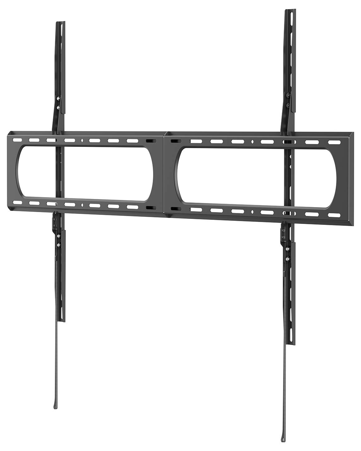 A black wall mount bracket designed for flat-screen TVs, featuring adjustable arms and multiple mounting holes for versatility.