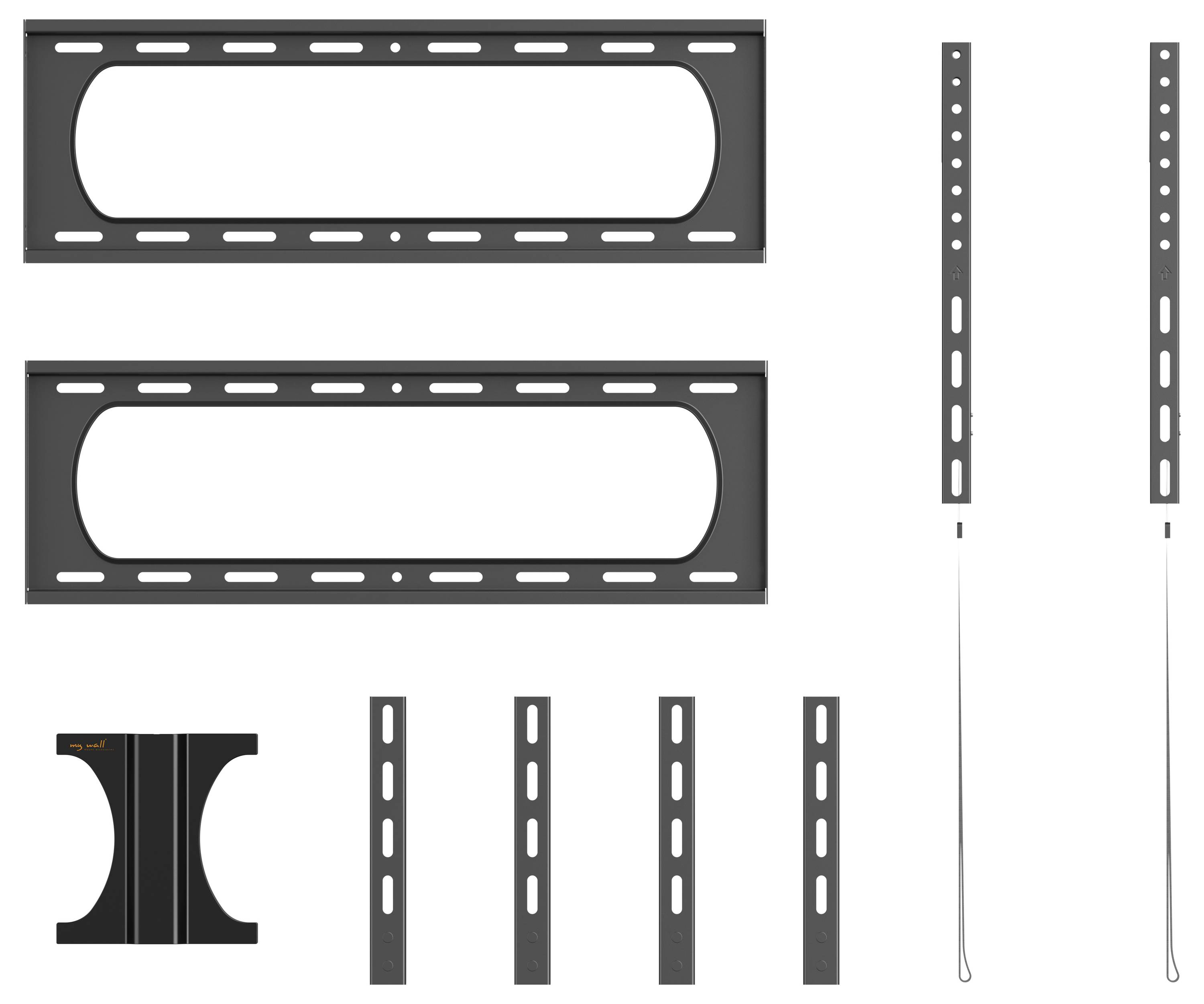 Wall mount bracket kit with two long brackets featuring multiple holes, six smaller brackets, a base piece, and a wire cable.
